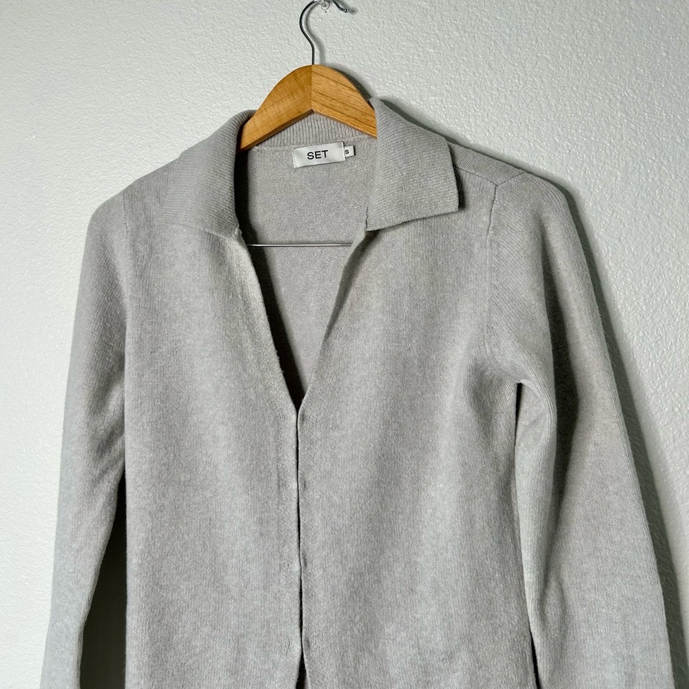 SET ACTIVE Jersey Knit Double V Cardigan & Tie Waist Wide Leg Pant in Fog Grey - Picture 7 of 13